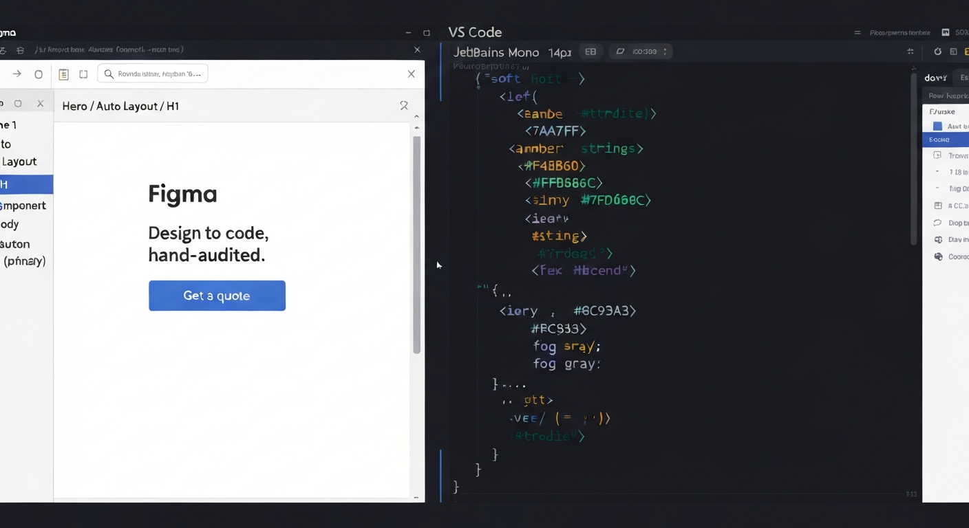 Figma canvas on the left, VS Code One Dark JSX file on the right, same hero component in both.